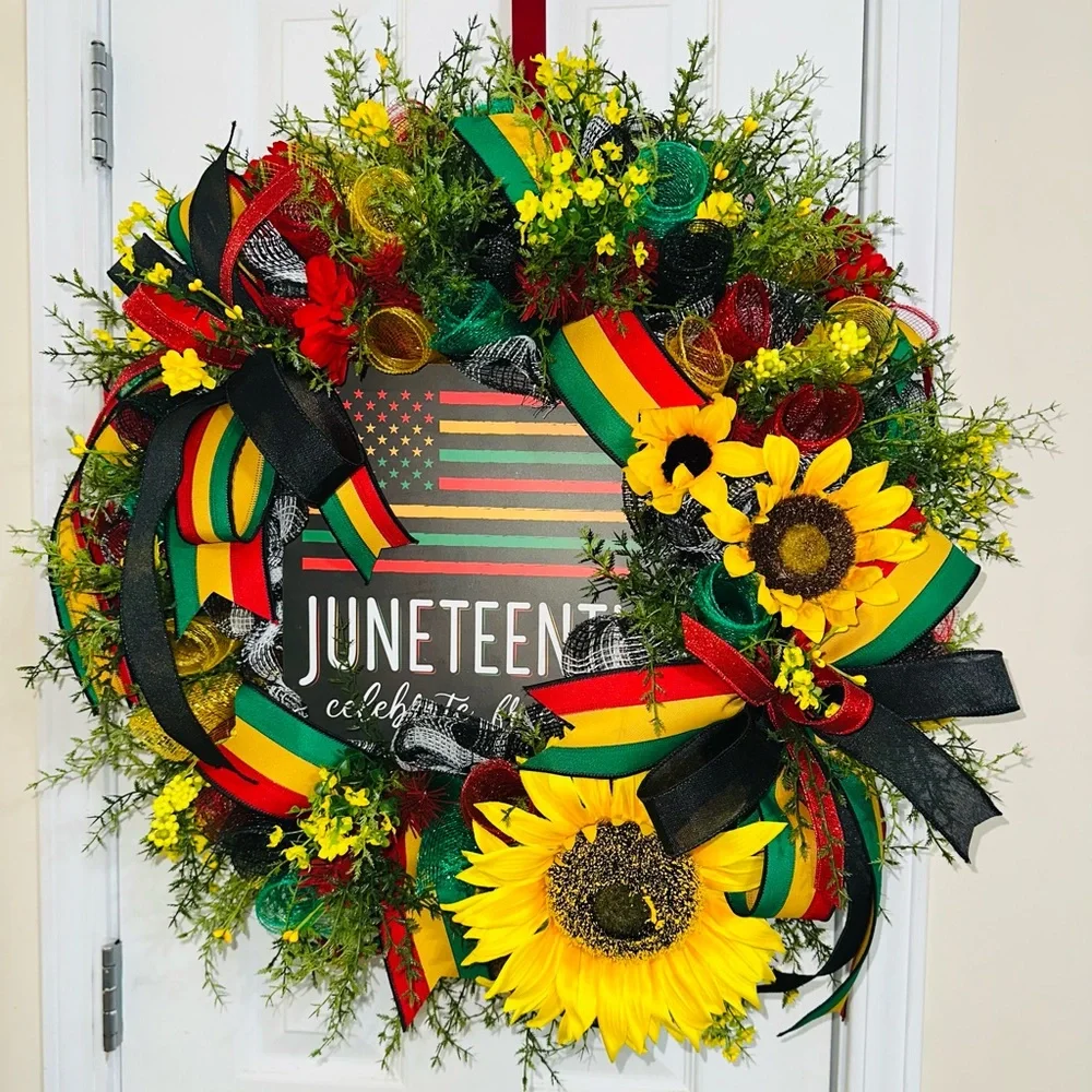 Juneteenth Celebration Sunflower Wreath - Yellow, Red & Green